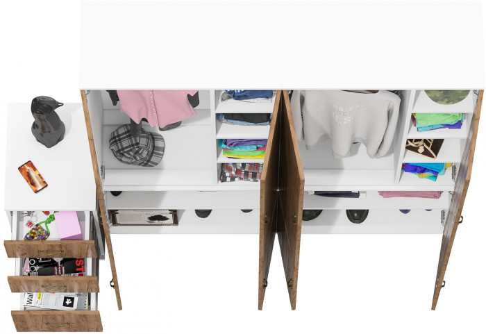 Лидер-8 Шкаф МД 20Б + Шкаф МД 20Б + Тумба МД 3.16, цвет белый шагрень/крафт золото, ШхГхВ 200х50х190 см., НЕ универсальная сборка