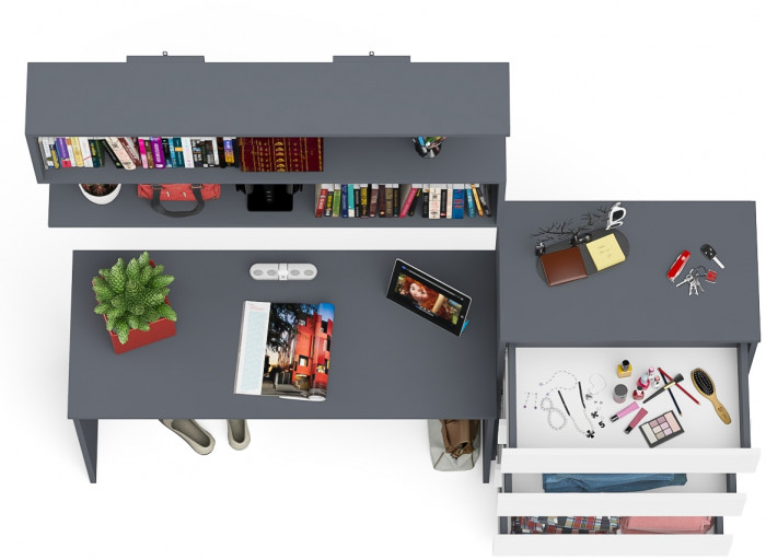 Мори Стол письменный МСП1200.1 + Комод МК700.5 + Полка 1200, цвет графит/белый, ШхГхВ 190,8х50х209,6 см., универсальная сборка