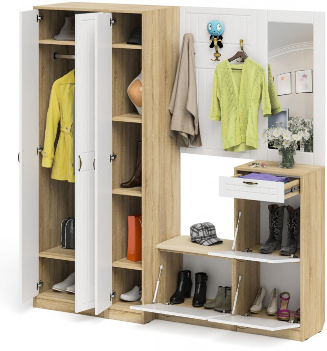 Прихожая П-6 Компоновка № 51, цвет дуб сонома/фасады МДФ белое дерево фрезеровка прованс, ШхГхВ 200х50х210 см., универсальная сборка