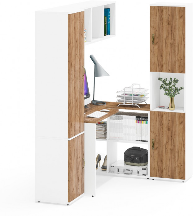 Лидер-8 Пенал МД 22Б + Стол + Полка + Пенал, белый шагрень/крафт золото