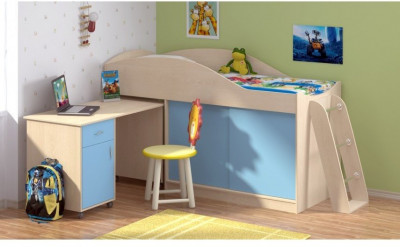 Детская кровать-чердак Дюймовочка-3 без лестницы, Дуб молочный / Голубой