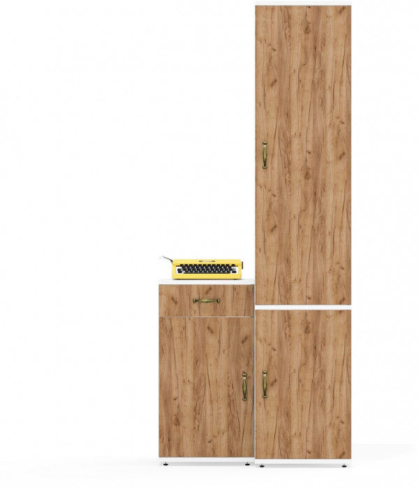 Лидер-8 Пенал МД 22Б + Тумба МД 3.15, цвет белый шагрень/крафт золото, ШхГхВ 80х37,5х190 см., универсальная сборка