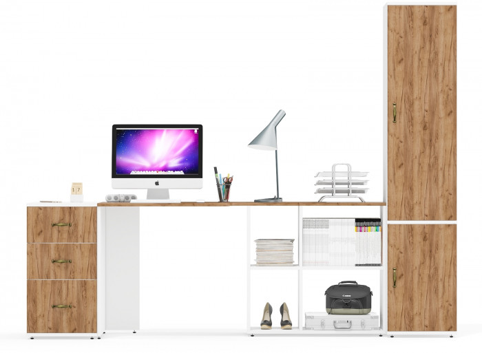 Лидер-8 Стол + Тумба МД 3.16 + Пенал МД 22Б, цвет белый шагрень/крафт золото, ШхГхВ 245х50/37,5х75/190 или 155х120/50х75/190 см., НЕ ун. сборка