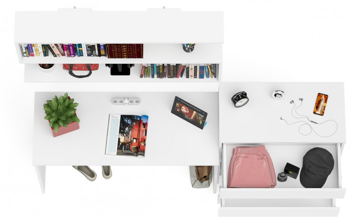 Мори Стол письменный МСП1200.1 + Комод МК800.4 + Полка 1200, цвет белый, ШхГхВ 200,8х50х209,6 см., универсальная сборка