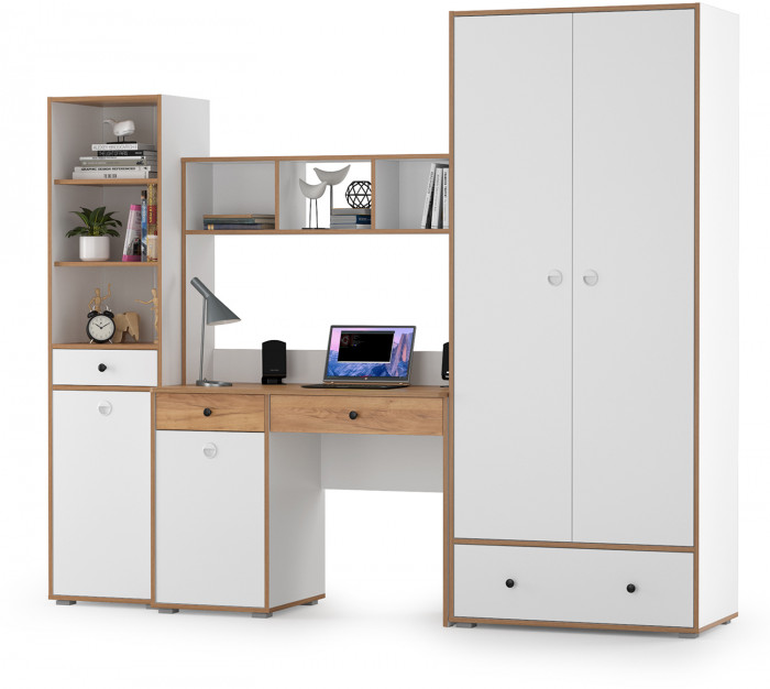 Вуди Компоновка № 24, цвет белый премиум/дуб крафт золотой, ШхГхВ 241х52,7х205 см., универсальная сборка