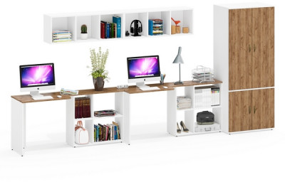 Лидер-8 Стол + Полка + Стол + Полка + Шкаф МД 19Б, белый шагрень/крафт золото