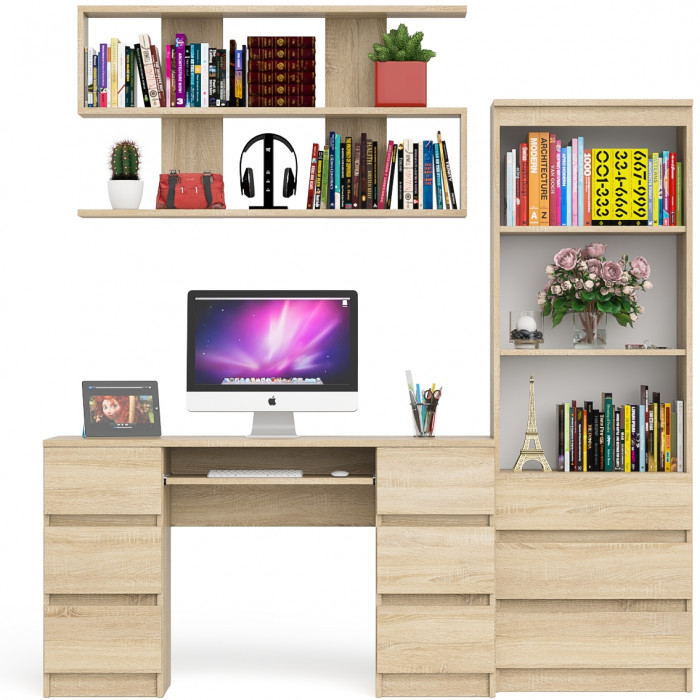 Мори компьютерный стол МС-2 + Стеллаж МСТ600.3 + Полка 1200, дуб сонома