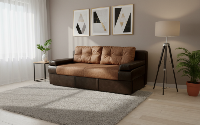 Диван-еврокнижка Амстердам Мини Люкс, 150х195 пружинный блок, рогожка/экокожа, черно-коричневый