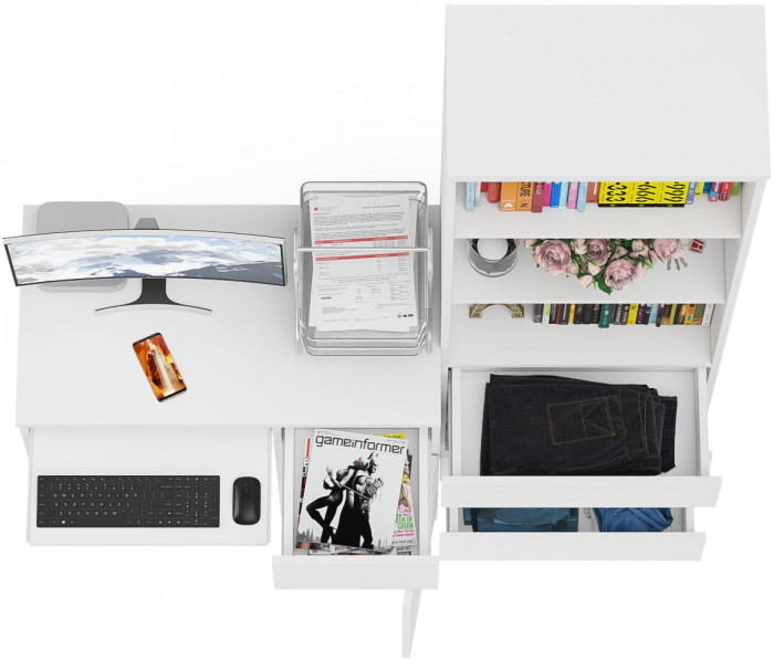 Мори Стол компьютерный МС-1 правый + Стеллаж МСТ600.3, цвет белый, ШхГхВ 150,4х50х179,6 см., выдвижной ящик справа, НЕ универсальная сборка