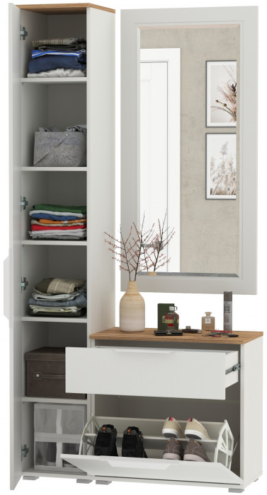 Октава Прихожая 42, цвет белый шагрень/дуб крафт золотой/фасады МДФ белый шагрень, ШхГхВ 97,1х35,4х197,6 см., универсальная сборка