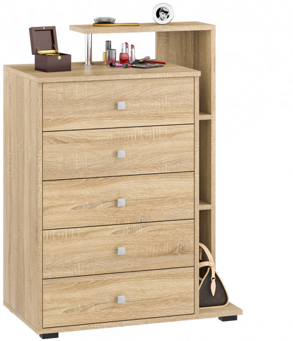 Камелия спальня № 12 Кровать с ящиками 1400 + Две тумбы + Комод + Зеркало, цвет дуб сонома, сп.м. 1400х2000 мм., б/м, основание есть