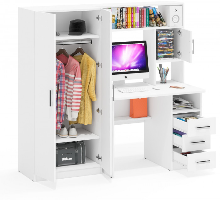 Стол компьютерный С-МД-СК9+Шкаф С-МД-СК9Ш, цвет белый шагрень, ШхГхВ 172х70х160 см., НЕ универсальная сборка