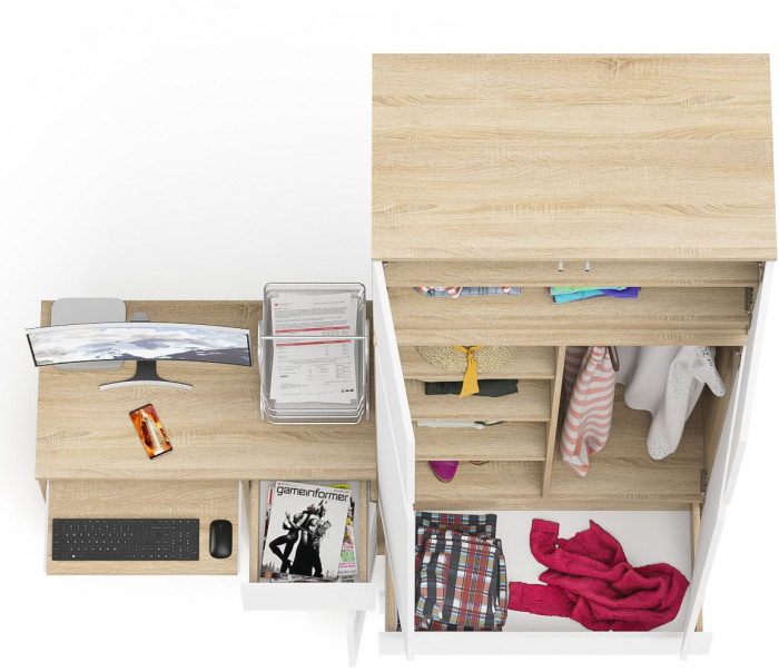 Мори Стол компьютерный МС-1 левый + Шкаф МШ900.1 + Антресоль МА900.1, цвет дуб сонома/белый, ШхГхВ 180,4х50,4х234,2 см., выдвиж. ящ. слева, НЕ ун. сб.