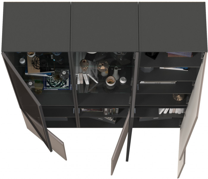 Сидней 13.201 Шкаф-витрина 2 штуки + Шкаф 13.200, цвет корпус: антрацит/фасады: МДФ веллюто капучино/стекло, ШхГхВ 150х41,3х205,2 см., ун. сб