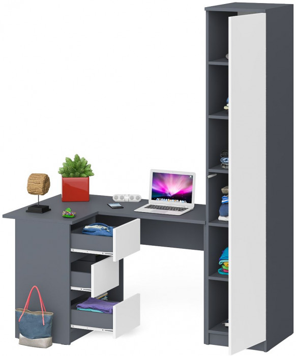 Мори Стол компьютерный МС-16 левый + Пенал МШ400.1, цвет графит/белый, ШхГхВ 164,8х84,9х209,6 см., выдвижные ящики слева, НЕ универсальная сборка