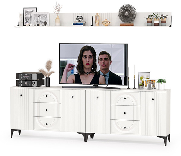 Валенсия Гостиная № 090, цвет ЛДСП белый шагрень/МДФ белый шагрень, ШхГхВ 266,3х38,4х205 см.