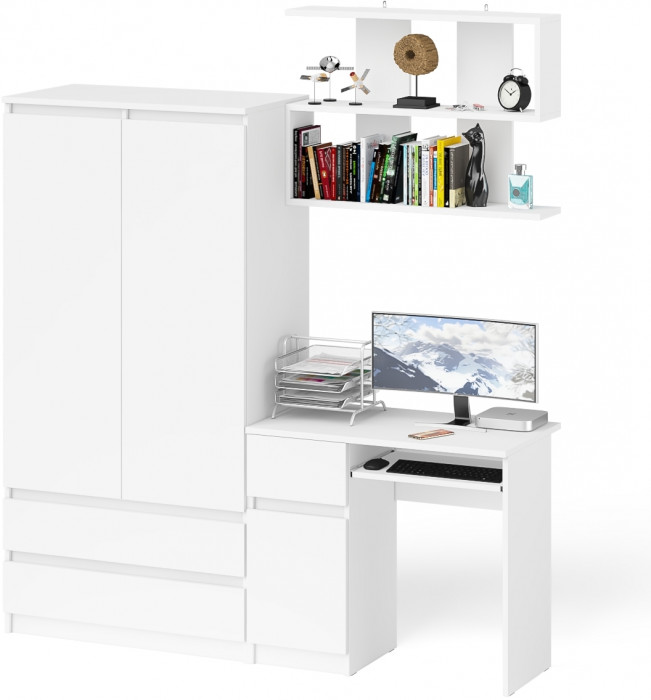 Мори Стол компьютерный МС-1 левый + Шкаф МШ900.1 + Полка 900, цвет белый, ШхГхВ 180,4х50,4х209,6 см., НЕ универсальная сборка