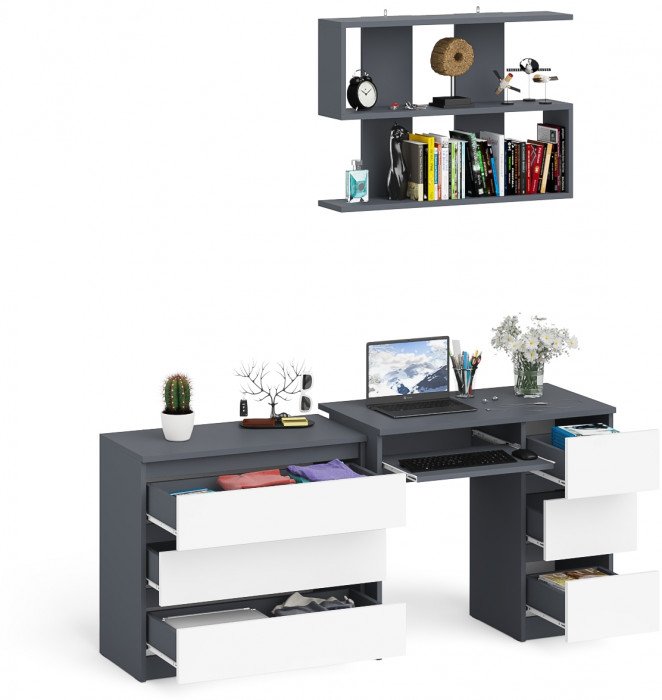 Мори Стол компьютерный МС-6 правый + Комод МК800.1 + Полка 900, цвет графит/белый, ШхГхВ 170,4х50х209,6 см., НЕ универсальная сборка