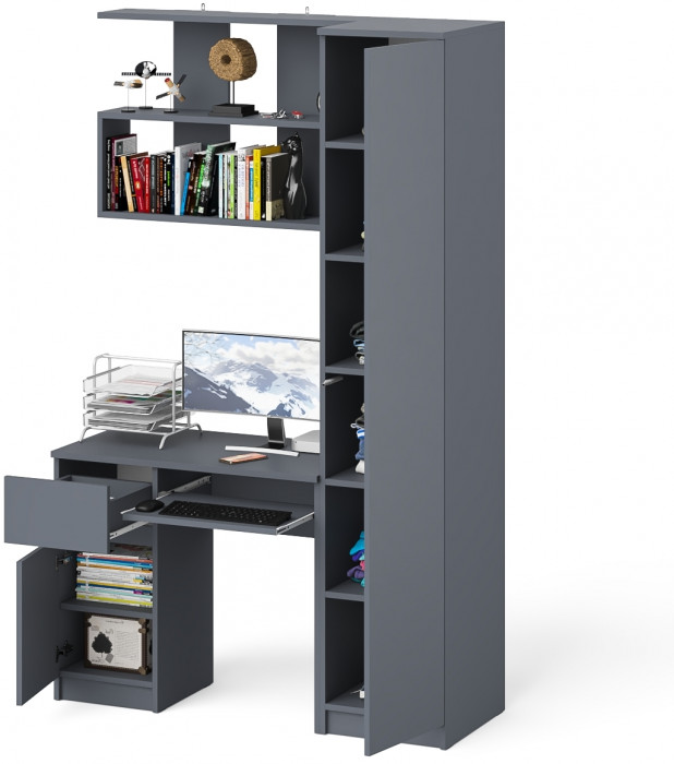 Мори Стол компьютерный МС-1 левый + Пенал МШ400.1 + Полка 900, цвет графит, ШхГхВ 130,4х50,4х209,6 см., НЕ универсальная сборка