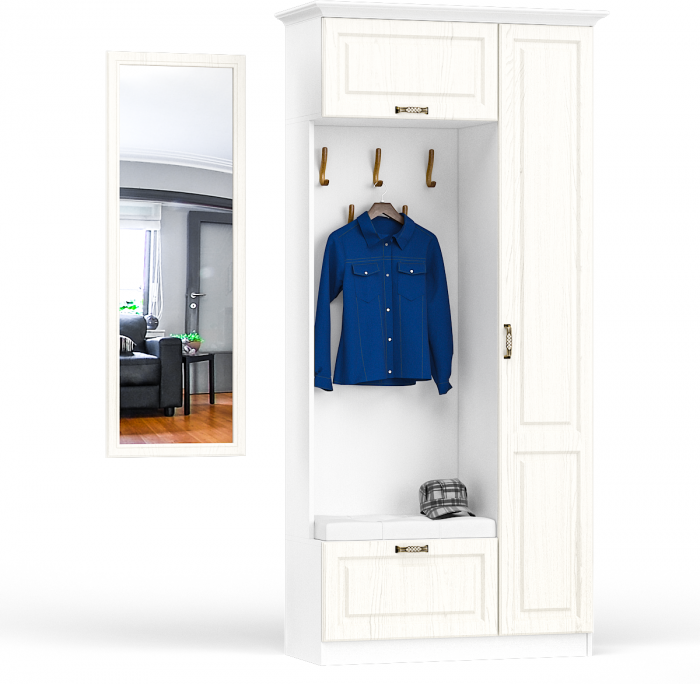 Ливерпуль Шкаф многоцелевого назначения 13.21 + карниз + Зеркало 03.242, цвет ясень ваниль/белый, ШхГхВ 108,2х43,5х223,5 + 50х2х140 см., ун. сборка