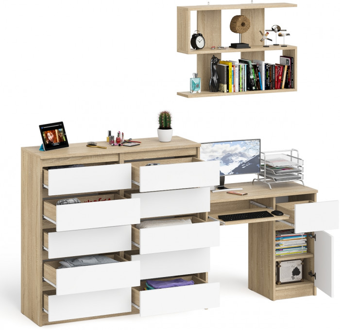 Мори Стол компьютерный МС-1 правый + Комод МК1200.10 + Полка 900, цвет дуб сонома/белый, ШхГхВ 210,4х50х209,6 см., НЕ универсальная сборка