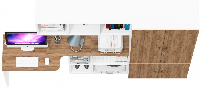 Лидер-8 Стол + Полка + Шкаф МД 20Б, белый шагрень/крафт золото