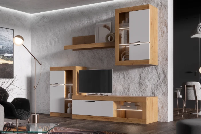 Прага Модульная Гостиная, вариант №1, Дуб Вотан/Белый глянец