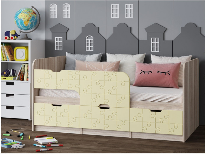 Детская кровать Юниор-9, 80х180 (Цитрус глянец, Ясень шимо светлый)