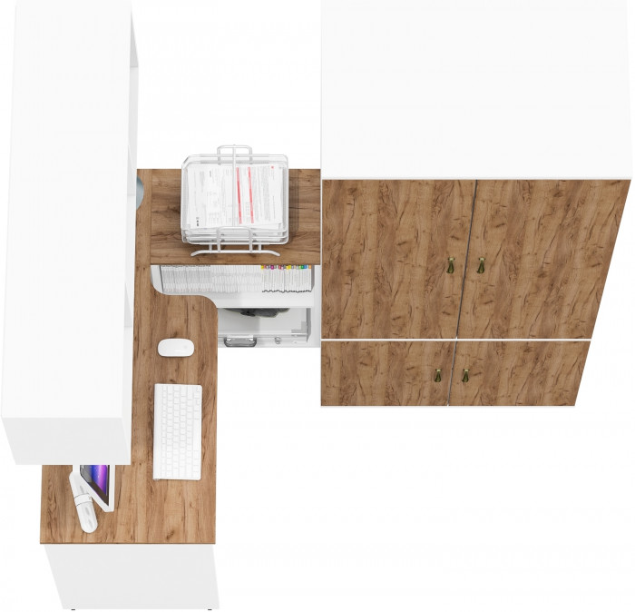 Лидер-8 Стол + Полка + Шкаф МД 19Б, цвет белый шагрень/крафт золото, ШхГхВ 245х50х75/190 или 115х160/50х75/190 см., НЕ универсальная сборка