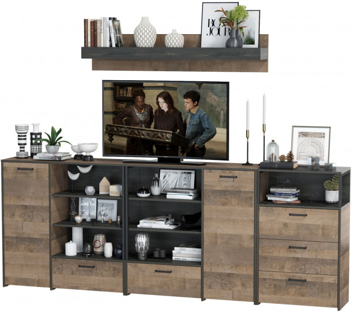 Трувор Гостиная 005, цвет дуб гранж песочный/интра, ШхГхВ 284х37х195 см., универсальная сборка