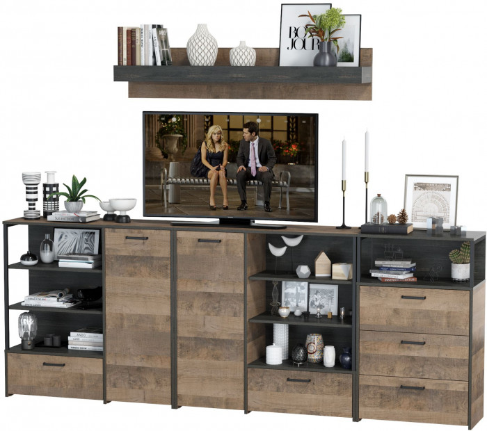 Трувор Гостиная 005, цвет дуб гранж песочный/интра, ШхГхВ 284х37х195 см., универсальная сборка