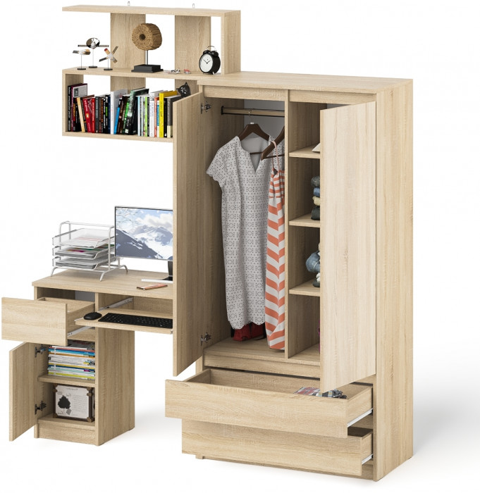 Мори Стол компьютерный МС-1 левый + Шкаф МШ900.1 + Полка 900, цвет дуб сонома, ШхГхВ 180,4х50,4х209,6 см., НЕ универсальная сборка