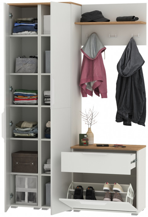 Октава Прихожая 18, цвет белый шагрень/дуб крафт золотой/фасады МДФ белый шагрень, ШхГхВ 129,3х35,4х197,6 см., универсальная сборка