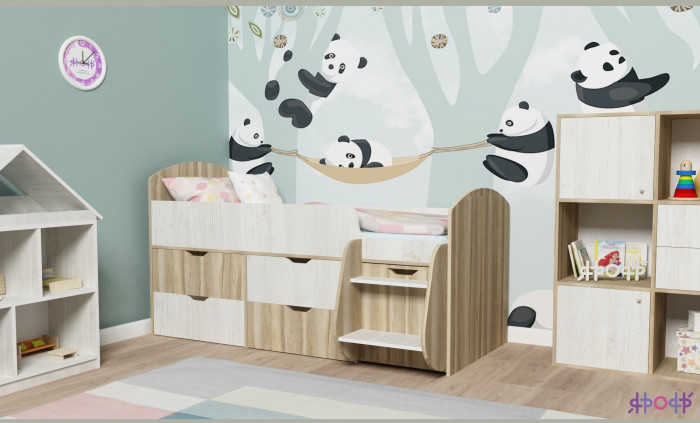 Кровать-чердак Малыш 7 (Дуб молочный/Лайм)