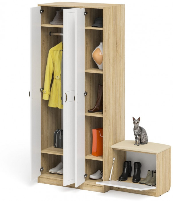 Прихожая П-6 Компоновка № 45, цвет дуб сонома/фасады МДФ белое дерево фрезеровка прованс, ШхГхВ 150х50х210 см., универсальная сборка