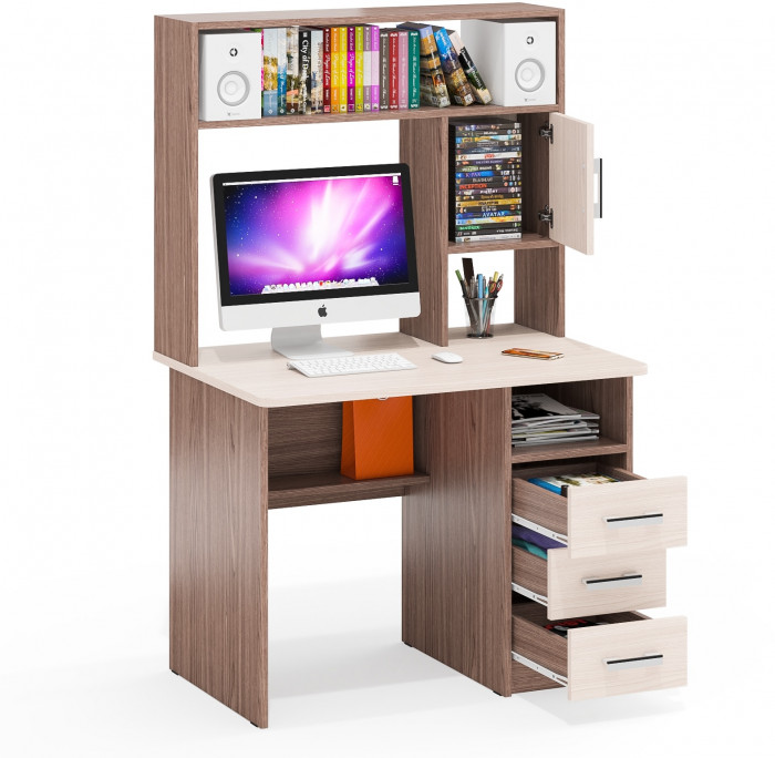 Стол компьютерный С-МД-СК9, цвет ясень шимо светлый/ясень шимо тёмный, ШхГхВ 102х70х160 см., ниша под монитор 65х70х57 см., НЕ универсальная сборка