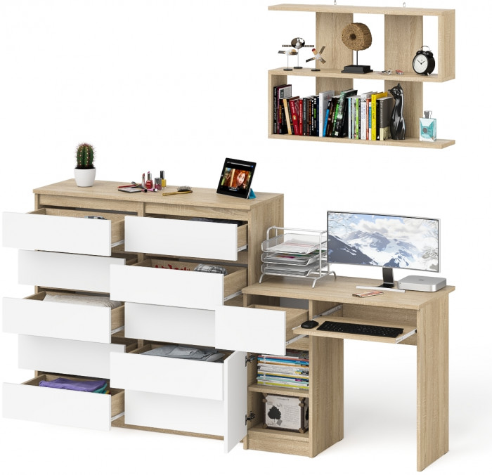 Мори Стол компьютерный МС-1 левый + Комод МК1200.10 + Полка 900, цвет дуб сонома/белый, ШхГхВ 210,4х50х209,6 см., НЕ универсальная сборка