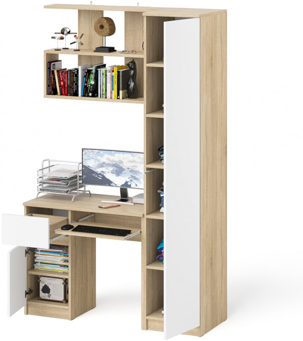Мори Стол компьютерный МС-1 левый + Пенал МШ400.1 + Полка 900, цвет дуб сонома/белый, ШхГхВ 130,4х50,4х209,6 см., НЕ универсальная сборка