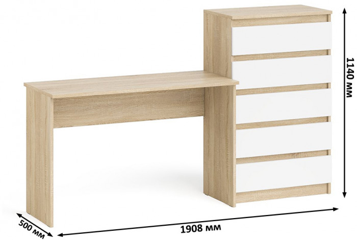 Мори Стол письменный МСП1200.1 + Комод МК700.5, цвет дуб сонома/белый, ШхГхВ 190,8х50х114 см., универсальная сборка
