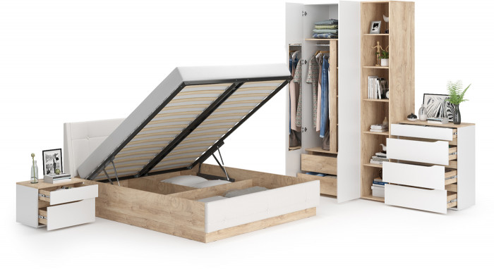 Муссон Спальня № 04, цвет белый/дуб эндгрейн элегантный/искусственная кожа белая, подъёмный ортопед, сп. м. 1600х2000 мм., б/м