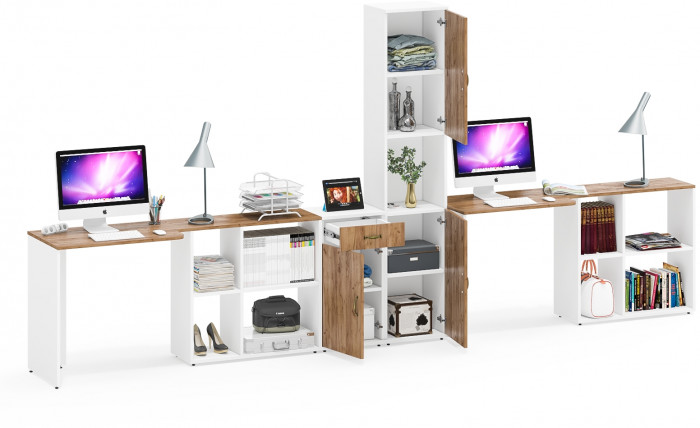 Лидер-8 Стол + Стол + Пенал + Тумба МД 3.15, белый шагрень/крафт золото