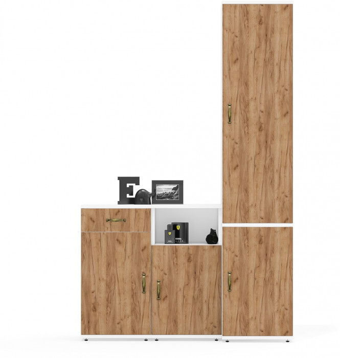 Лидер-8 Пенал МД 21Б + Тумба МД 3.15 + Тумба МД 3.19, цвет белый шагрень/крафт золото, ШхГхВ 120х37,5х190 см., универсальная сборка