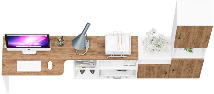 Лидер-8 Стол + Тумба МД 3.19 + Пенал, цвет белый шагрень/крафт золото, ШхГхВ 245х50/30х75/190 см. или 115х50/160х75/190 см., НЕ универсальная сборка