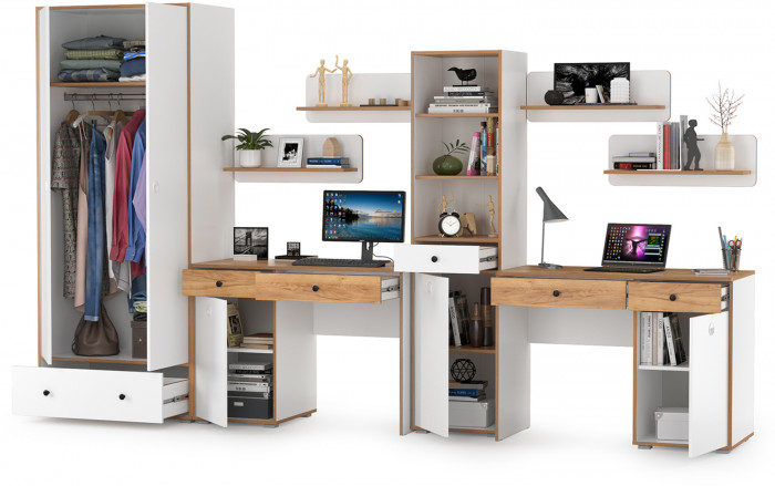 Вуди Компоновка № 31, цвет белый премиум/дуб крафт золотой, ШхГхВ 351х52,7х205 см., универсальная сборка