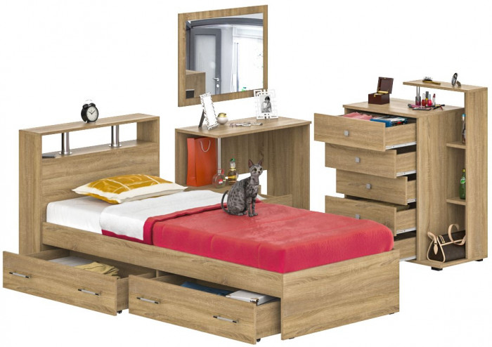 Камелия спальня № 14 Кровать с ящиками 900 + Стол косметический + Зеркало + Комод, цвет дуб сонома, сп.м. 900х2000 мм., б/м, основание есть