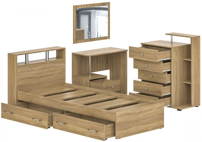 Камелия спальня № 14 Кровать с ящиками 900 + Стол косметический + Зеркало + Комод, цвет дуб сонома, сп.м. 900х2000 мм., б/м, основание есть