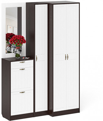 Прихожая П-6 Компоновка № 29, цвет венге/фасады МДФ белое дерево фрезеровка прованс, ШхГхВ 140х50х210 см., универсальная сборка