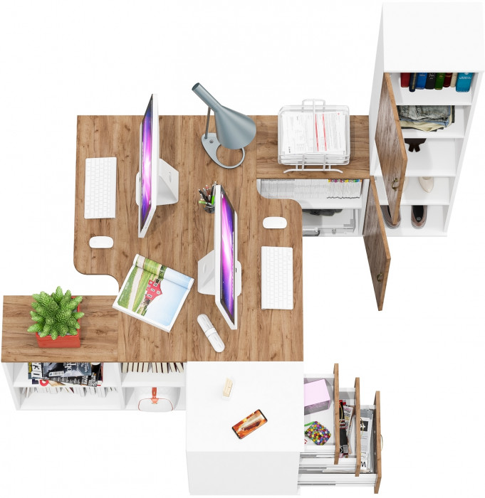 Лидер-8 Стол + Стол + Пенал + Тумба МД 3.16, белый шагрень/крафт золото