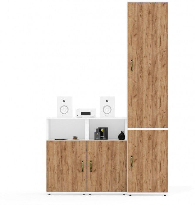 Лидер-8 Пенал МД 22Б + Тумба МД 3.19 + Тумба МД 3.19, цвет белый шагрень/крафт золото, ШхГхВ 120х37,5х190 см., универсальная сборка