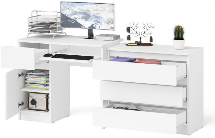 Мори Стол компьютерный МС-1 левый + Комод МК800.1, цвет белый, ШхГхВ 170,4х50х76,6 см., выдвижной ящик слева, НЕ универсальная сборка